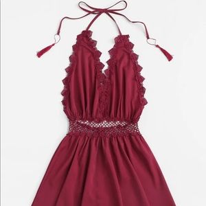 ‫Guipure Lace Trim Fringe Halter Dress
